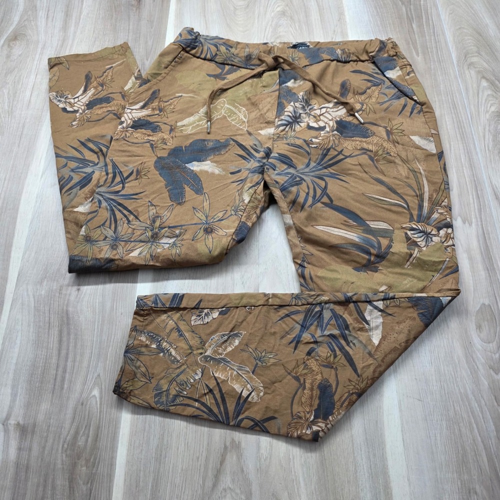 Flora Ashley Pants XL Brown Floral Tropical Palm Drawstring Made in Italy NWT
